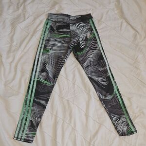 adidas Black Leggings with Green Stripes and Wave Print